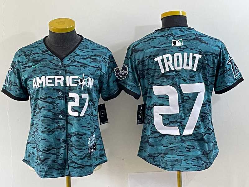 Women%27s Los Angeles Angels #27 Mike Trout Number Teal 2023 All Star Cool Base Stitched Jersey->mlb womens jerseys->MLB Jersey